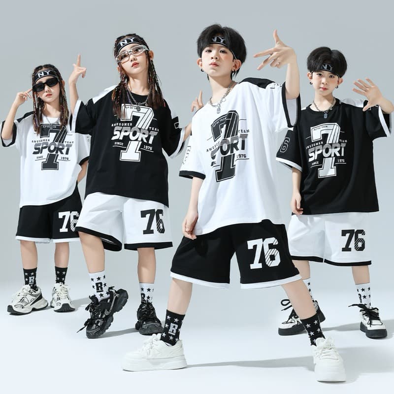 キッズダンス衣装 子供用ヒップホップダンス衣装セット 半袖トップス&ハーフパンツ