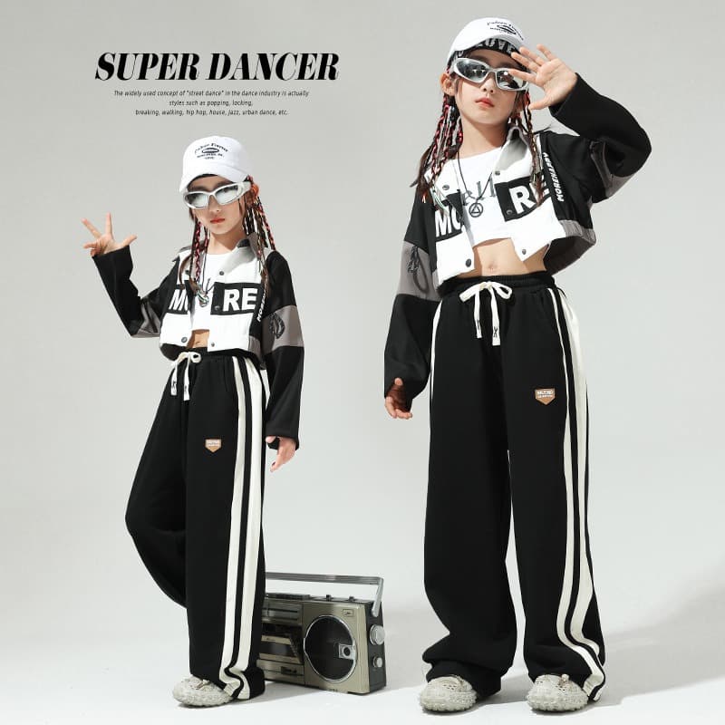 キッズダンス衣装 子供用ヒップホップダンス衣装セット黒白ストリート系上下