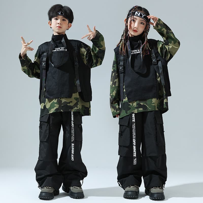 キッズダンス衣装 子供用迷彩柄ヒップホップダンス衣装セット