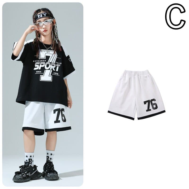 キッズダンス衣装 子供用ヒップホップダンス衣装セット 半袖トップス&ハーフパンツ
