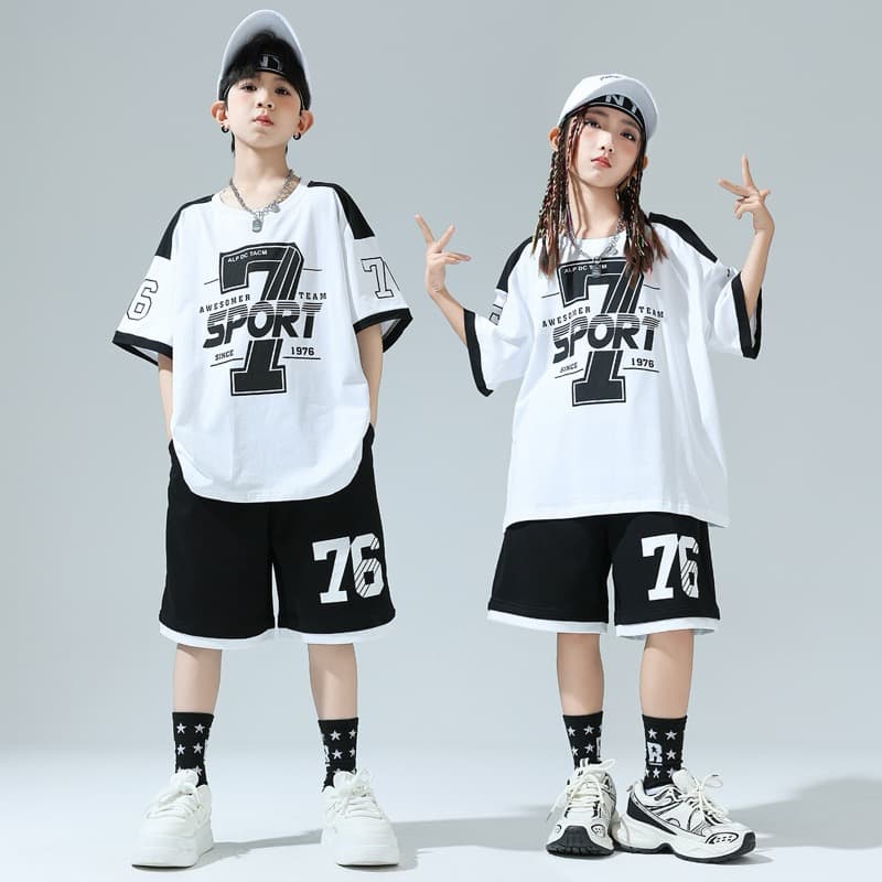 キッズダンス衣装 子供用ヒップホップダンス衣装セット 半袖トップス&ハーフパンツ