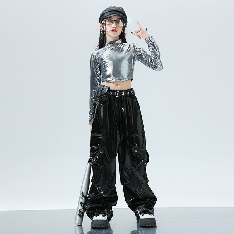 キッズダンス衣装 キッズ ヒップホップ ダンス衣装 セットアップ 銀黒コーデ
