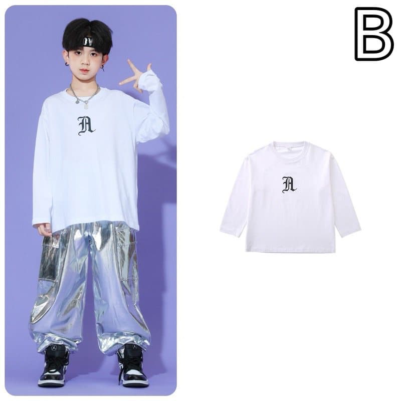 キッズダンス衣装 子供用シルバーメタリック上下セットヒップホップ衣装