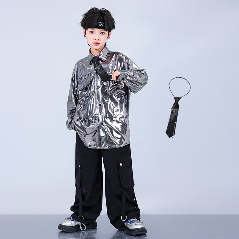 キッズダンス衣装 キッズ メタリックシャツ ダンス衣装 ヒップホップ セットアップ