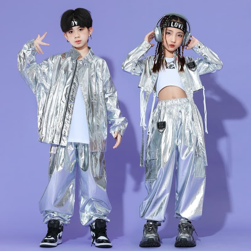 キッズダンス衣装 子供用シルバーメタリック上下セットヒップホップ衣装