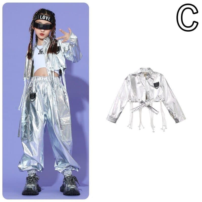 キッズダンス衣装 子供用シルバーメタリック上下セットヒップホップ衣装