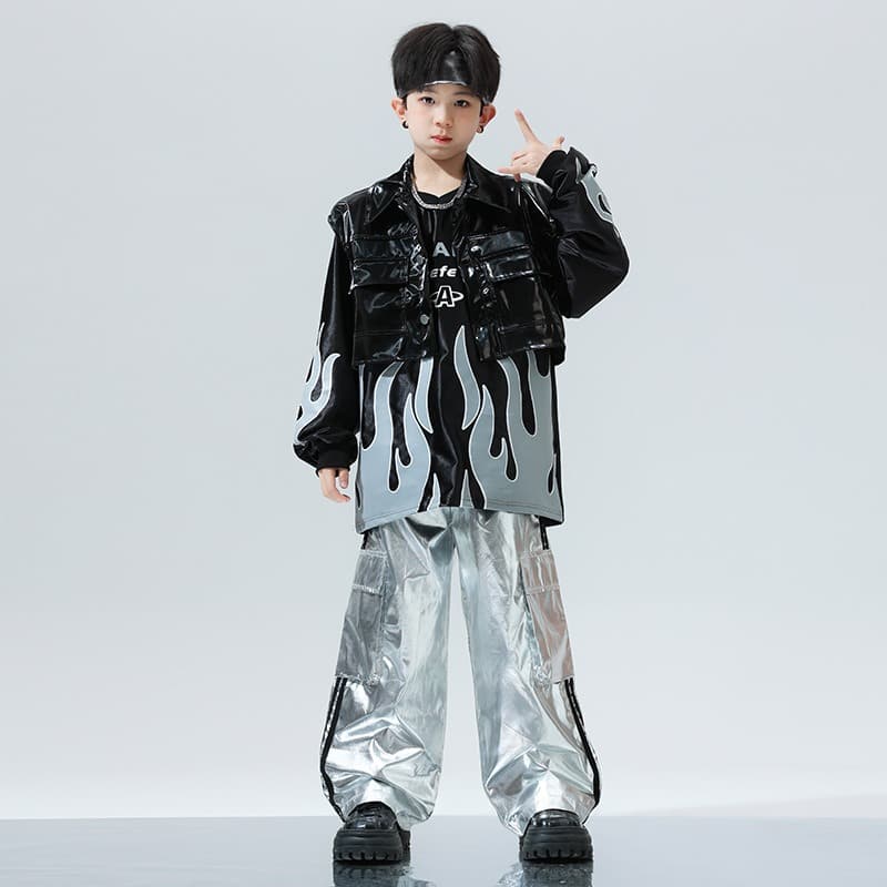 キッズダンス衣装 キッズヒップホップ衣装 黒銀セットアップ