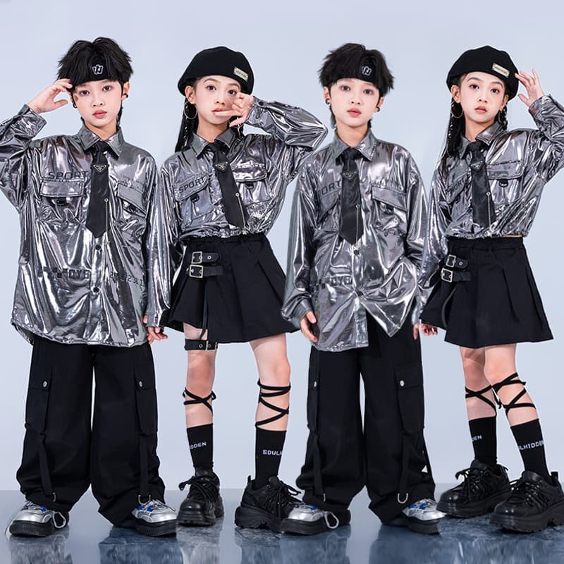 キッズダンス衣装 キッズ メタリックシャツ ダンス衣装 ヒップホップ セットアップ