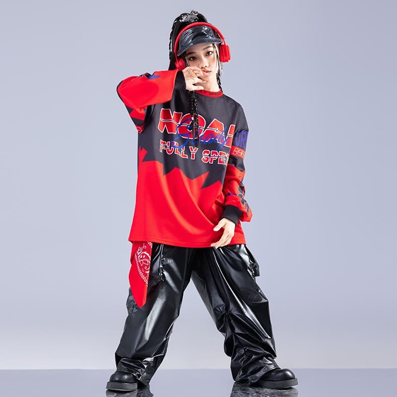 キッズダンス衣装 キッズヒップホップダンス衣装セット赤黒コーデ