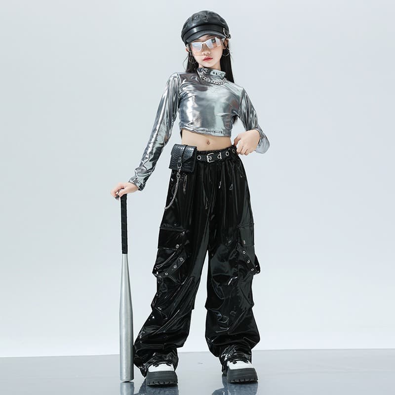 キッズダンス衣装 キッズ ヒップホップ ダンス衣装 セットアップ 銀黒コーデ