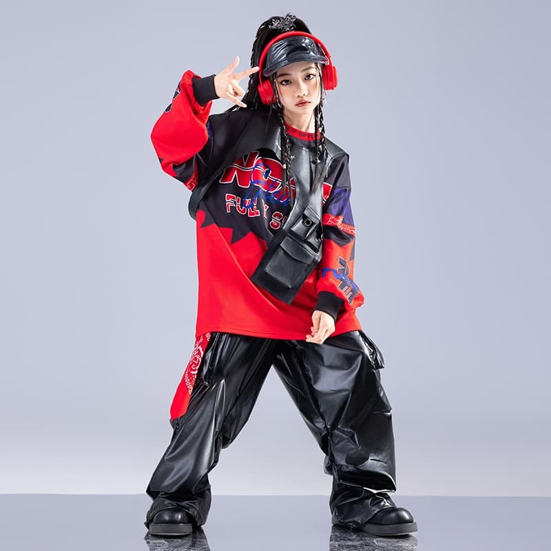 キッズダンス衣装 キッズヒップホップダンス衣装セット赤黒コーデ