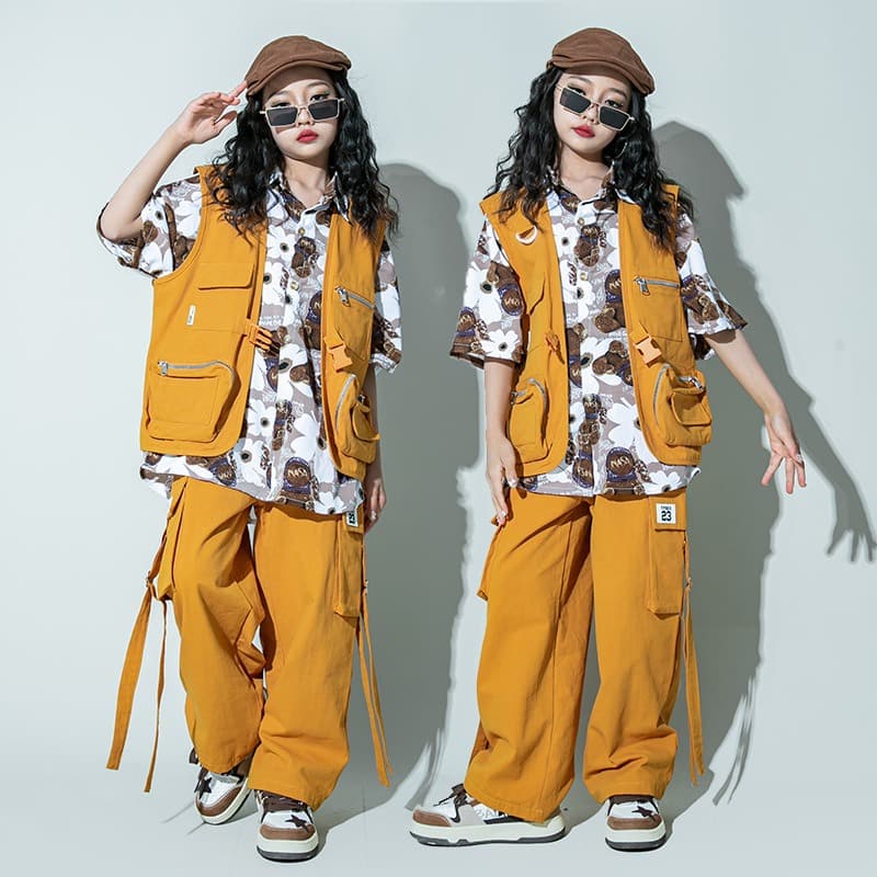 キッズダンス衣装 子供用ヒップホップダンス衣装セット オレンジベスト付き
