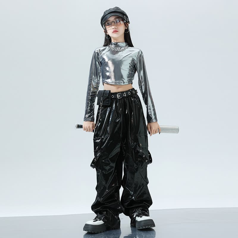 キッズダンス衣装 キッズ ヒップホップ ダンス衣装 セットアップ 銀黒コーデ