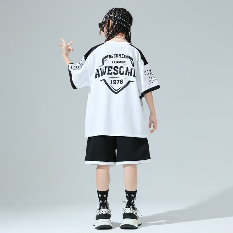 キッズダンス衣装 子供用ヒップホップダンス衣装セット 半袖トップス&ハーフパンツ