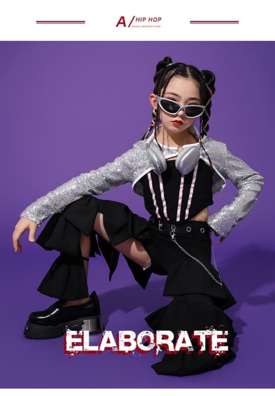 キッズダンス衣装 女の子用ラメトップス黒パンツヒップホップダンス衣装セット