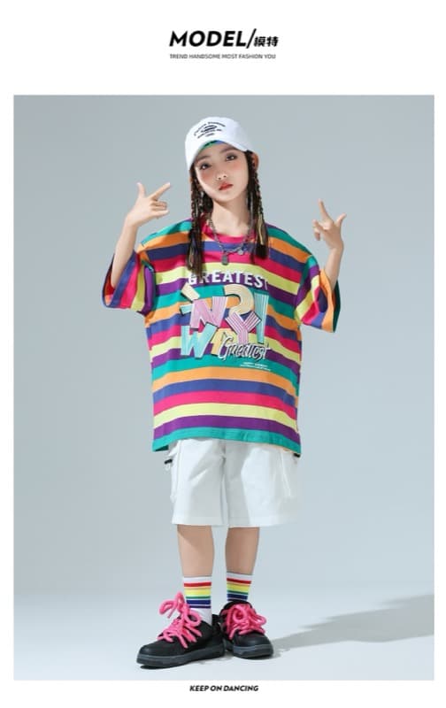 キッズダンス衣装 キッズヒップホップダンス衣装セットアップ虹色ボーダー