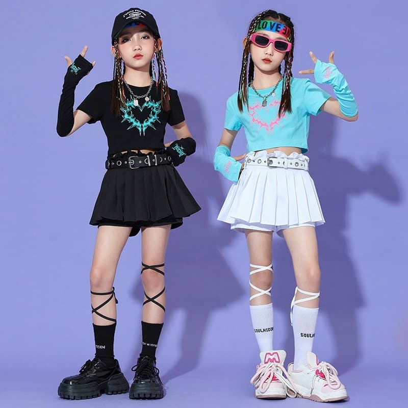 キッズダンス衣装 女の子ジャズダンス衣装セット プリーツスカート付き