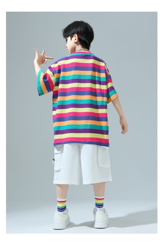 キッズダンス衣装 キッズヒップホップダンス衣装セットアップ虹色ボーダー