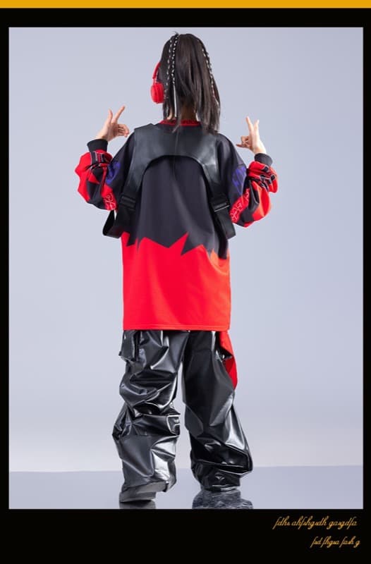 キッズダンス衣装 キッズヒップホップダンス衣装セット赤黒コーデ