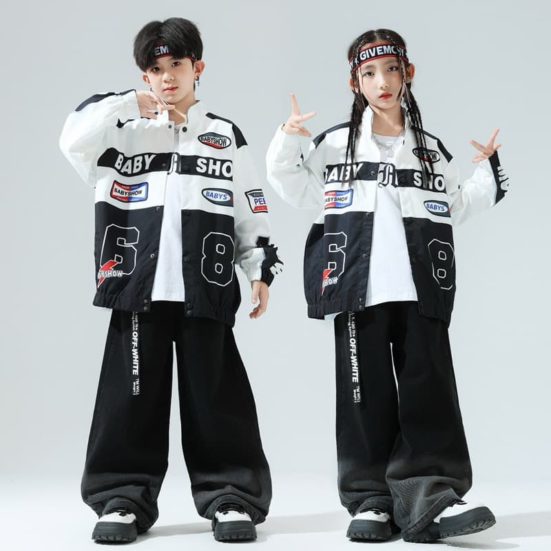 キッズダンス衣装 子供用ヒップホップダンス衣装セット 白黒ジャケット パンツ