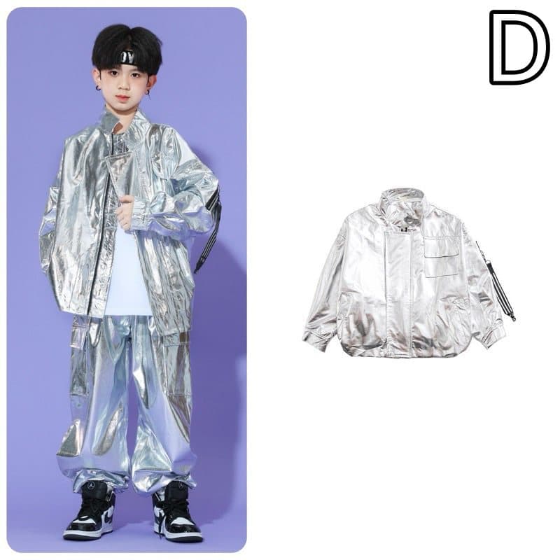 キッズダンス衣装 子供用シルバーメタリック上下セットヒップホップ衣装