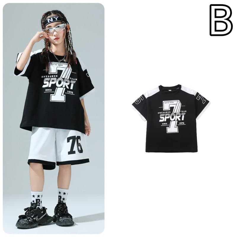 キッズダンス衣装 子供用ヒップホップダンス衣装セット 半袖トップス&ハーフパンツ