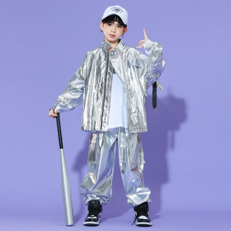 キッズダンス衣装 子供用シルバーメタリック上下セットヒップホップ衣装