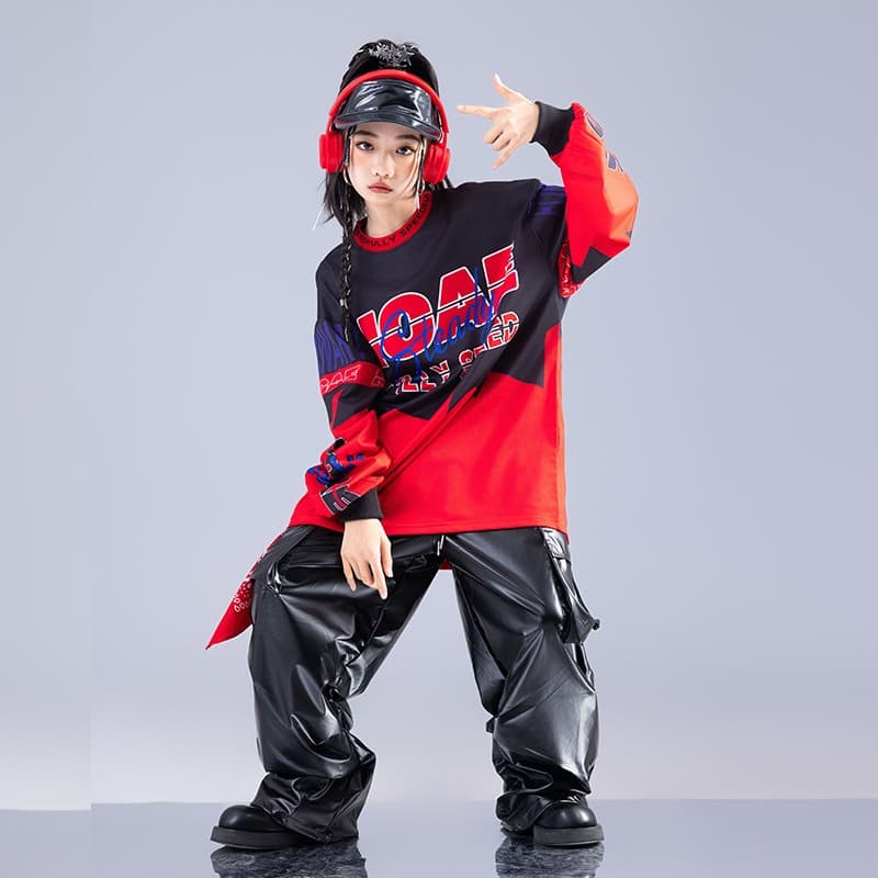 キッズダンス衣装 キッズヒップホップダンス衣装セット赤黒コーデ