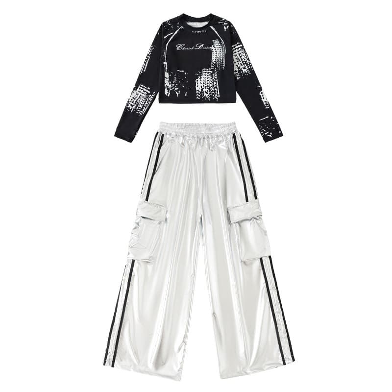 キッズダンス衣装 女の子 ヒップホップ ダンス衣装 セットアップ 黒銀 キッズ