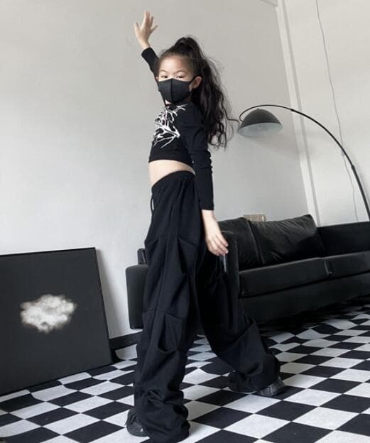 キッズダンス衣装 子供用ダンス衣装セット 長袖トップス パンツ 黒白