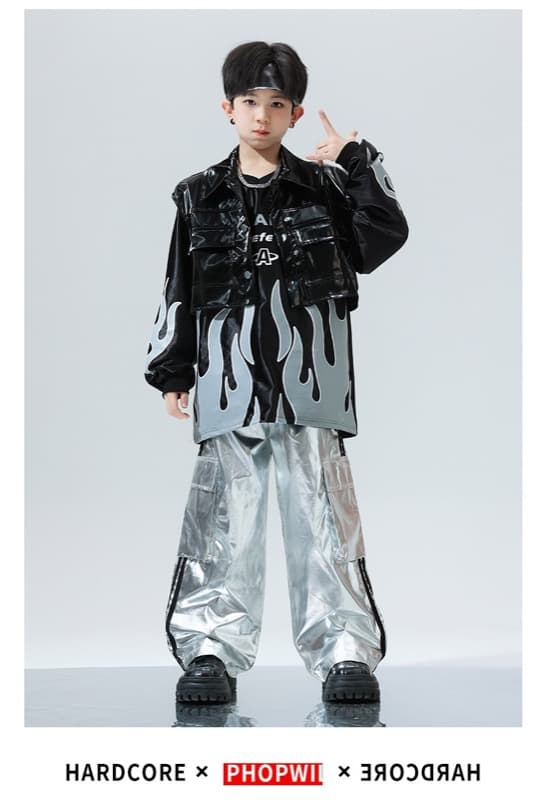 キッズダンス衣装 キッズヒップホップ衣装 黒銀セットアップ
