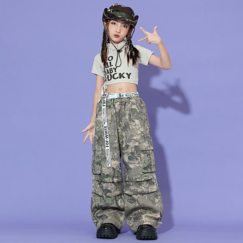 キッズダンス衣装 子供用ヒップホップダンス衣装迷彩柄セットアップ