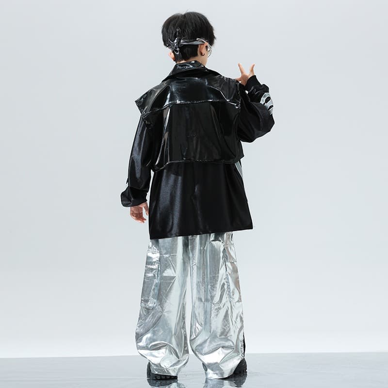 キッズダンス衣装 キッズヒップホップ衣装 黒銀セットアップ