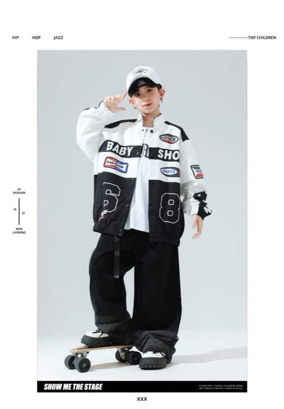 キッズダンス衣装 子供用ヒップホップダンス衣装セット 白黒ジャケット パンツ
