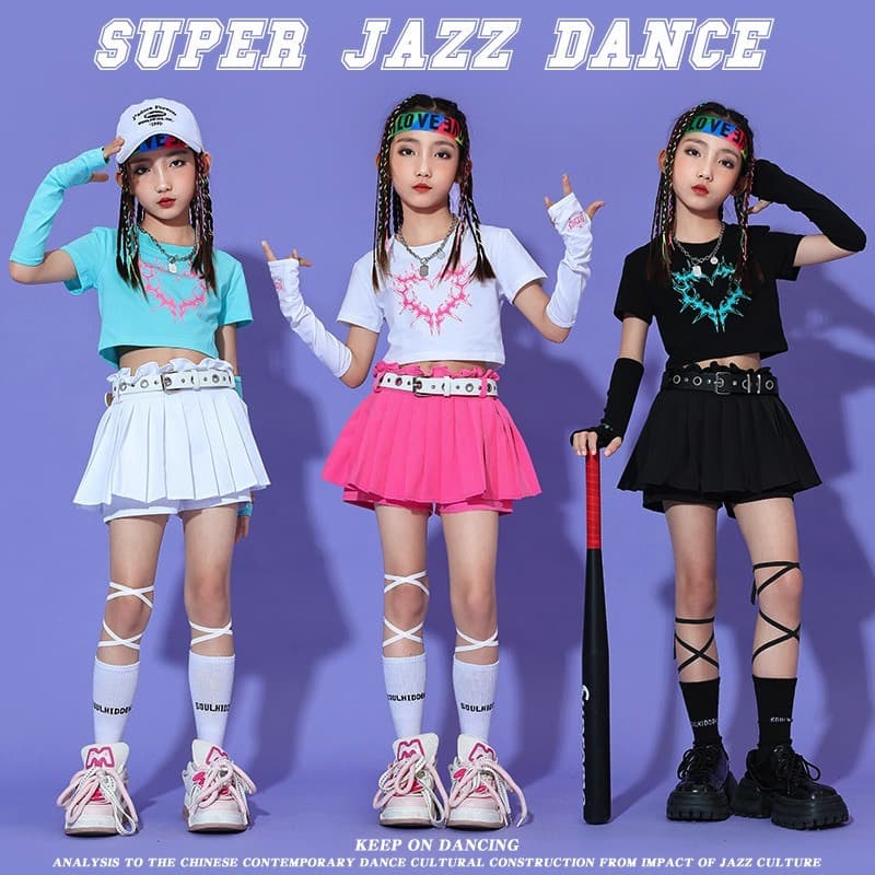 キッズダンス衣装 女の子ジャズダンス衣装セット プリーツスカート付き