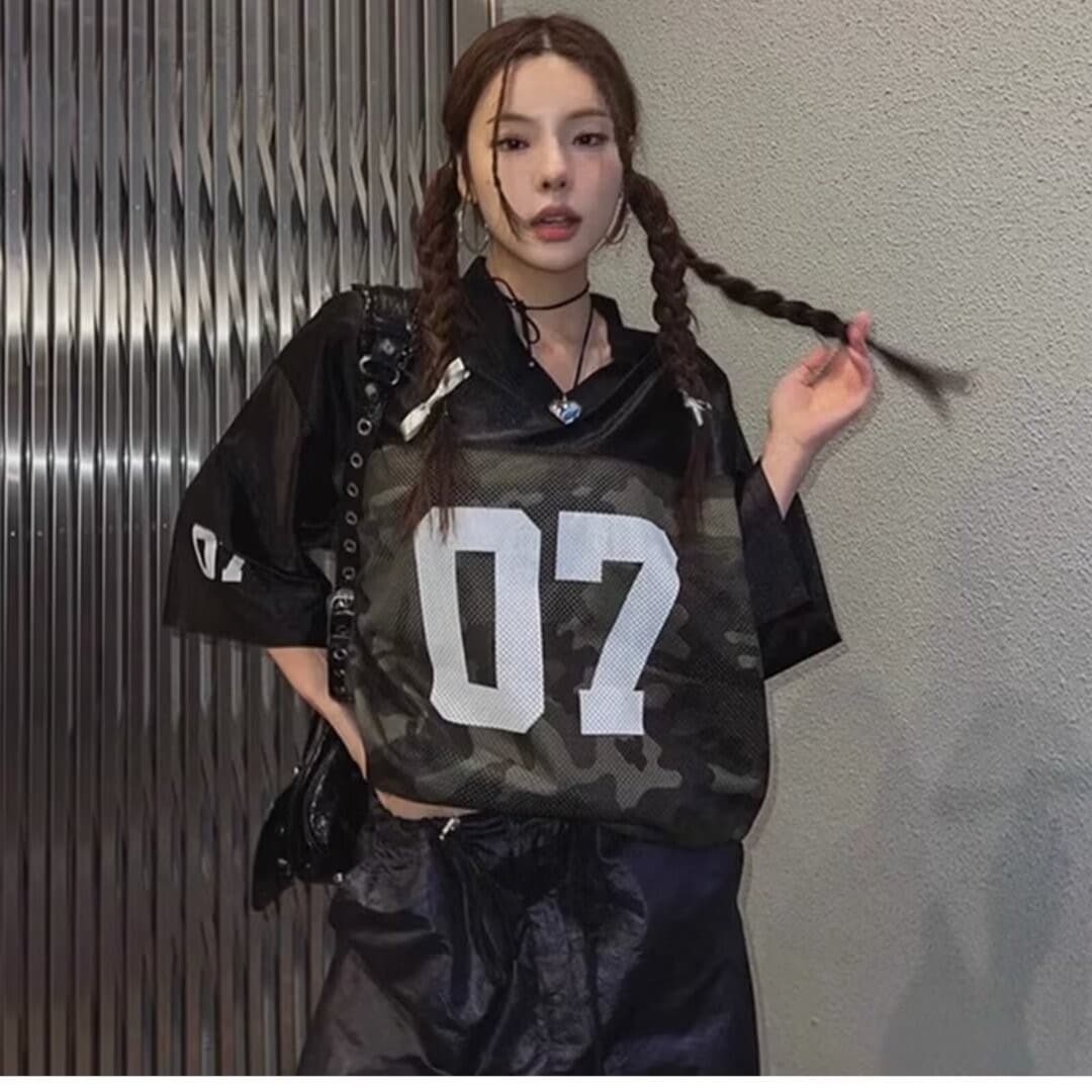 ダンス衣装 ナンバリング迷彩柄メッシュ切替フード付きトップス
