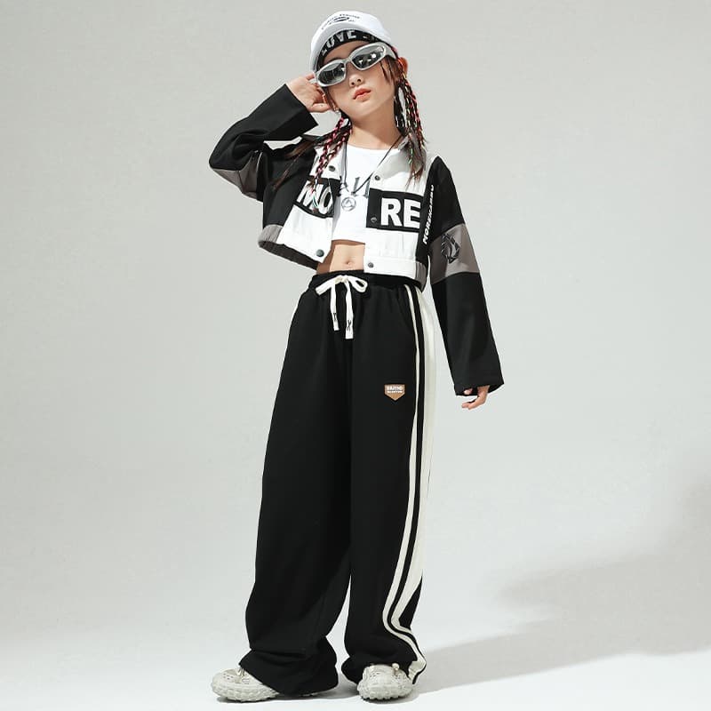 キッズダンス衣装 子供用ヒップホップダンス衣装セット黒白ストリート系上下