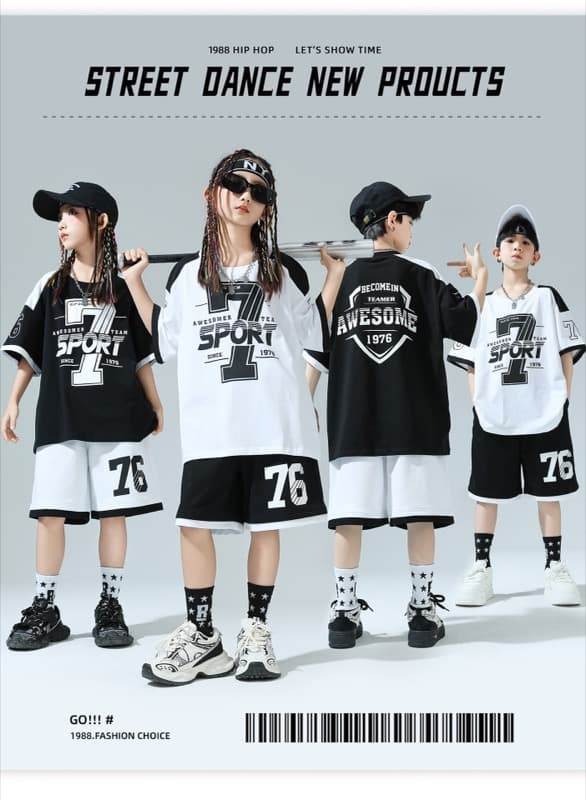 キッズダンス衣装 子供用ヒップホップダンス衣装セット 半袖トップス&ハーフパンツ