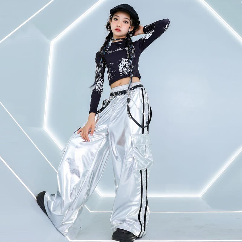 キッズダンス衣装 女の子 ヒップホップ ダンス衣装 セットアップ 黒銀 キッズ