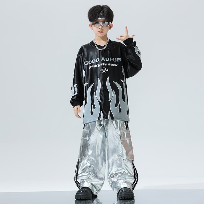 キッズダンス衣装 キッズヒップホップ衣装 黒銀セットアップ