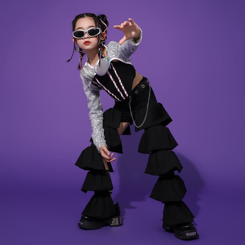 キッズダンス衣装 女の子用ラメトップス黒パンツヒップホップダンス衣装セット