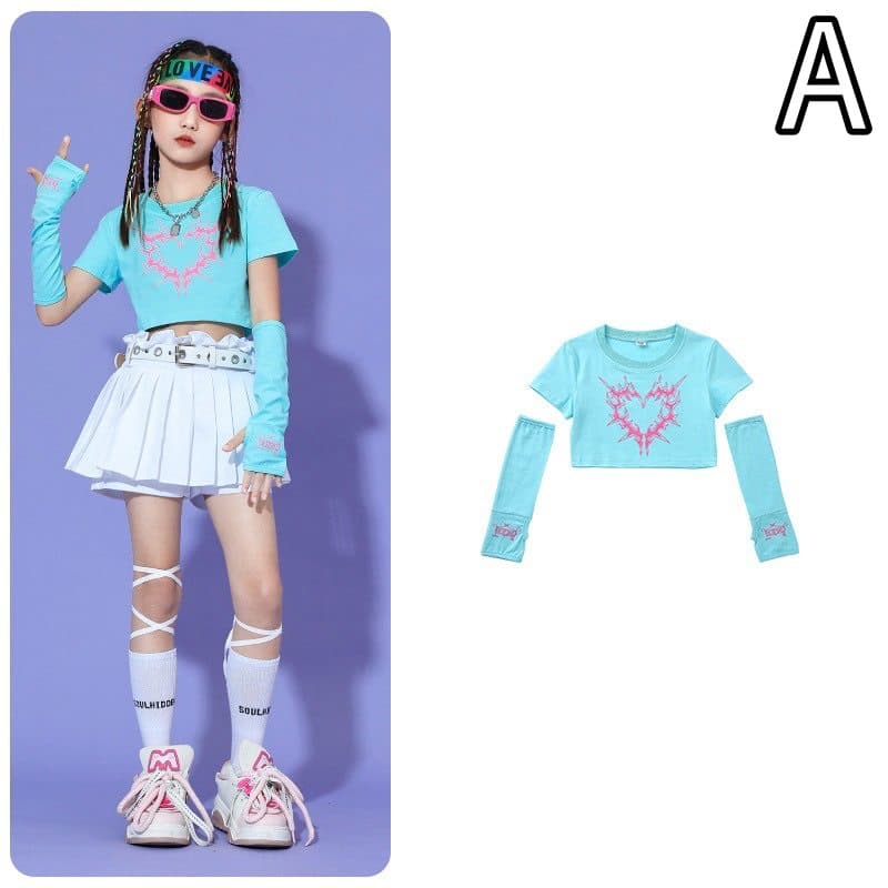 キッズダンス衣装 女の子ジャズダンス衣装セット プリーツスカート付き