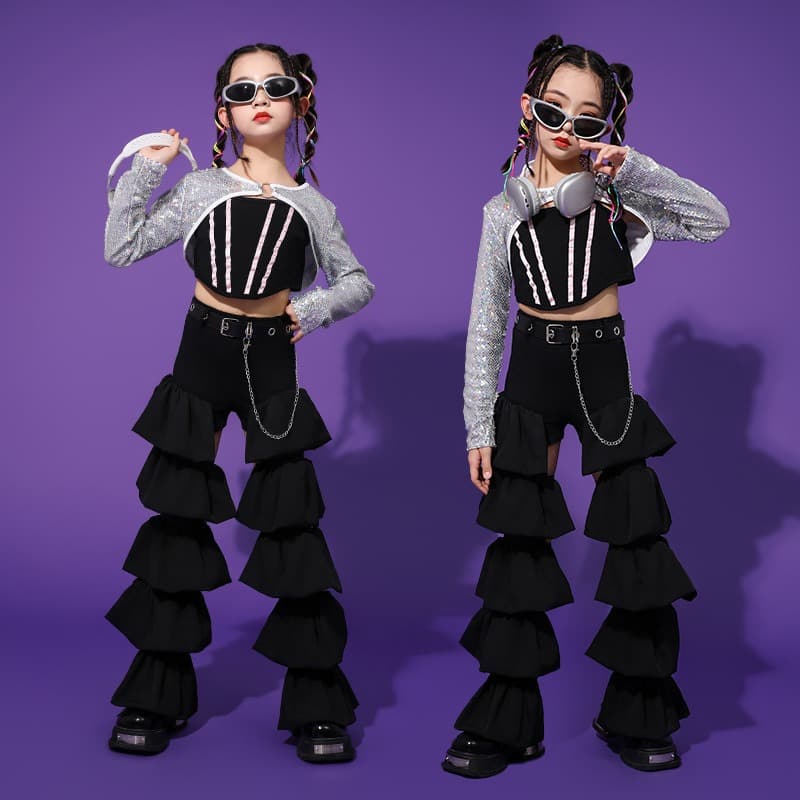キッズダンス衣装 女の子用ラメトップス黒パンツヒップホップダンス衣装セット