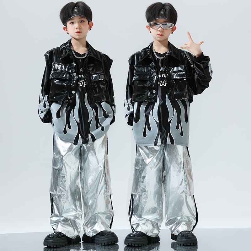キッズダンス衣装 キッズヒップホップ衣装 黒銀セットアップ