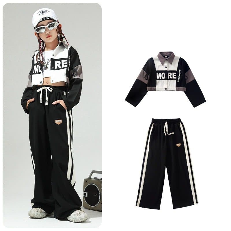 キッズダンス衣装 子供用ヒップホップダンス衣装セット黒白ストリート系上下