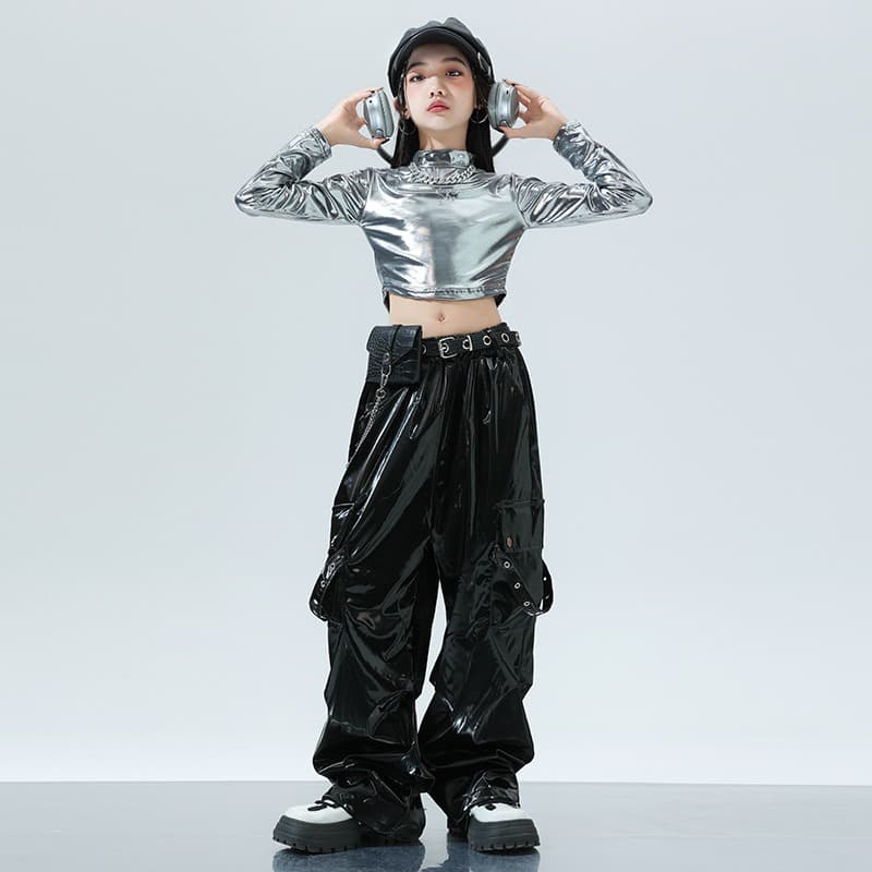 キッズダンス衣装 キッズ ヒップホップ ダンス衣装 セットアップ 銀黒コーデ