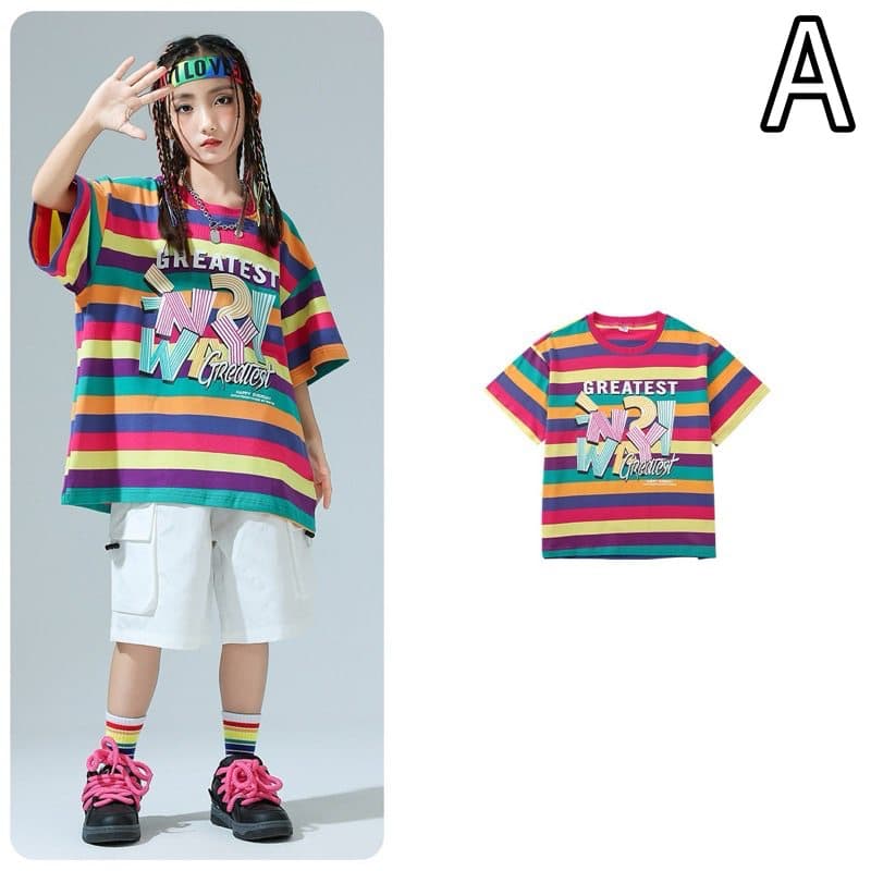 キッズダンス衣装 キッズヒップホップダンス衣装セットアップ虹色ボーダー
