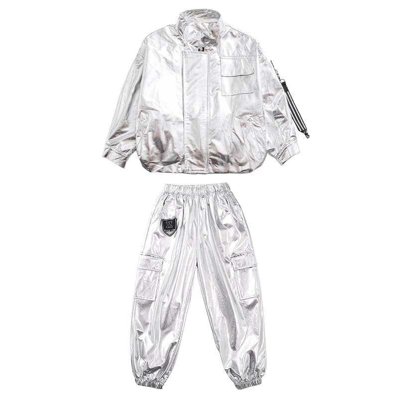 キッズダンス衣装 子供用シルバーメタリック上下セットヒップホップ衣装