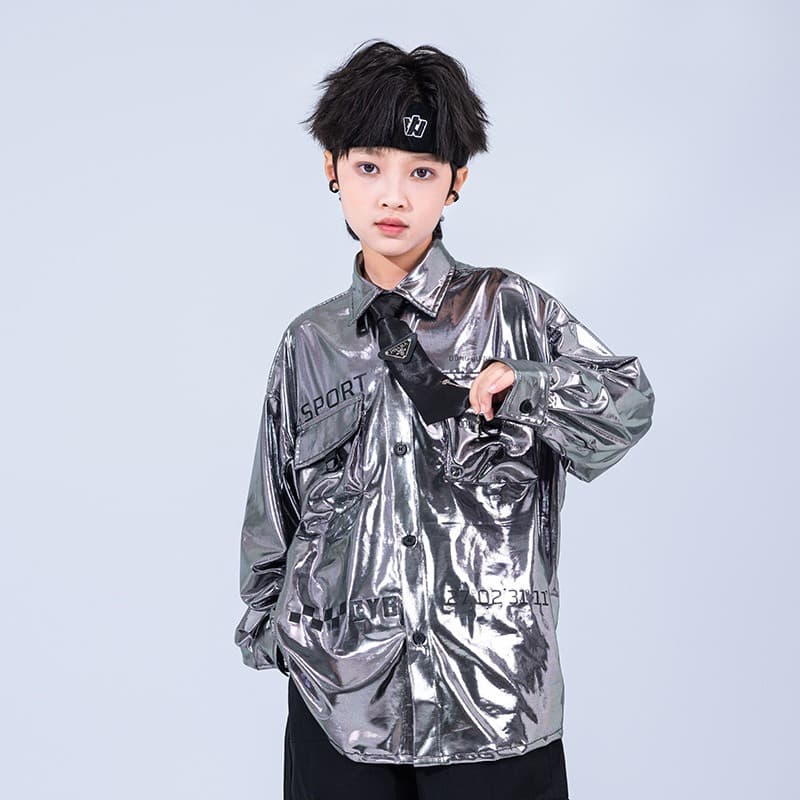 キッズダンス衣装 キッズ メタリックシャツ ダンス衣装 ヒップホップ セットアップ