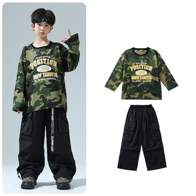キッズダンス衣装 子供用迷彩柄ヒップホップダンス衣装セット